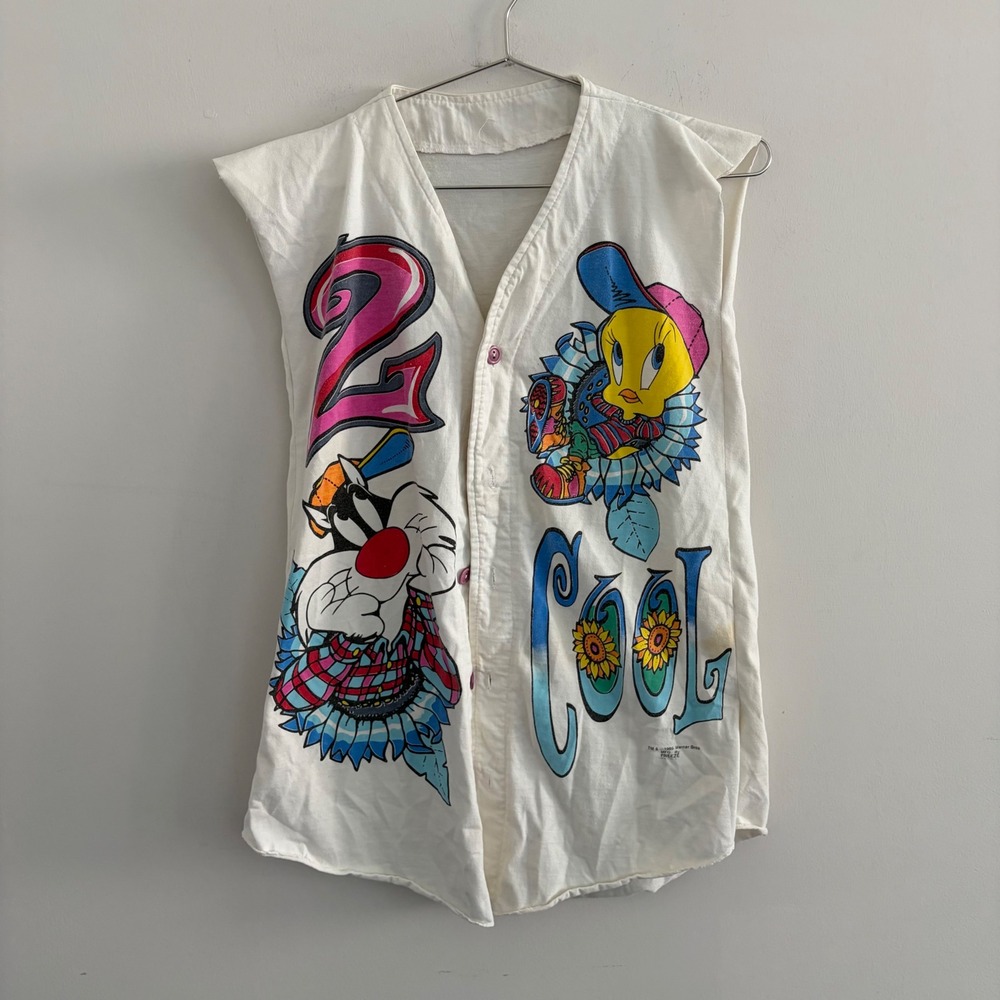 Vintage 1995 Looney Tunes Tweety Sylvester 2 Cool Sleeveless Shirt Freeze White